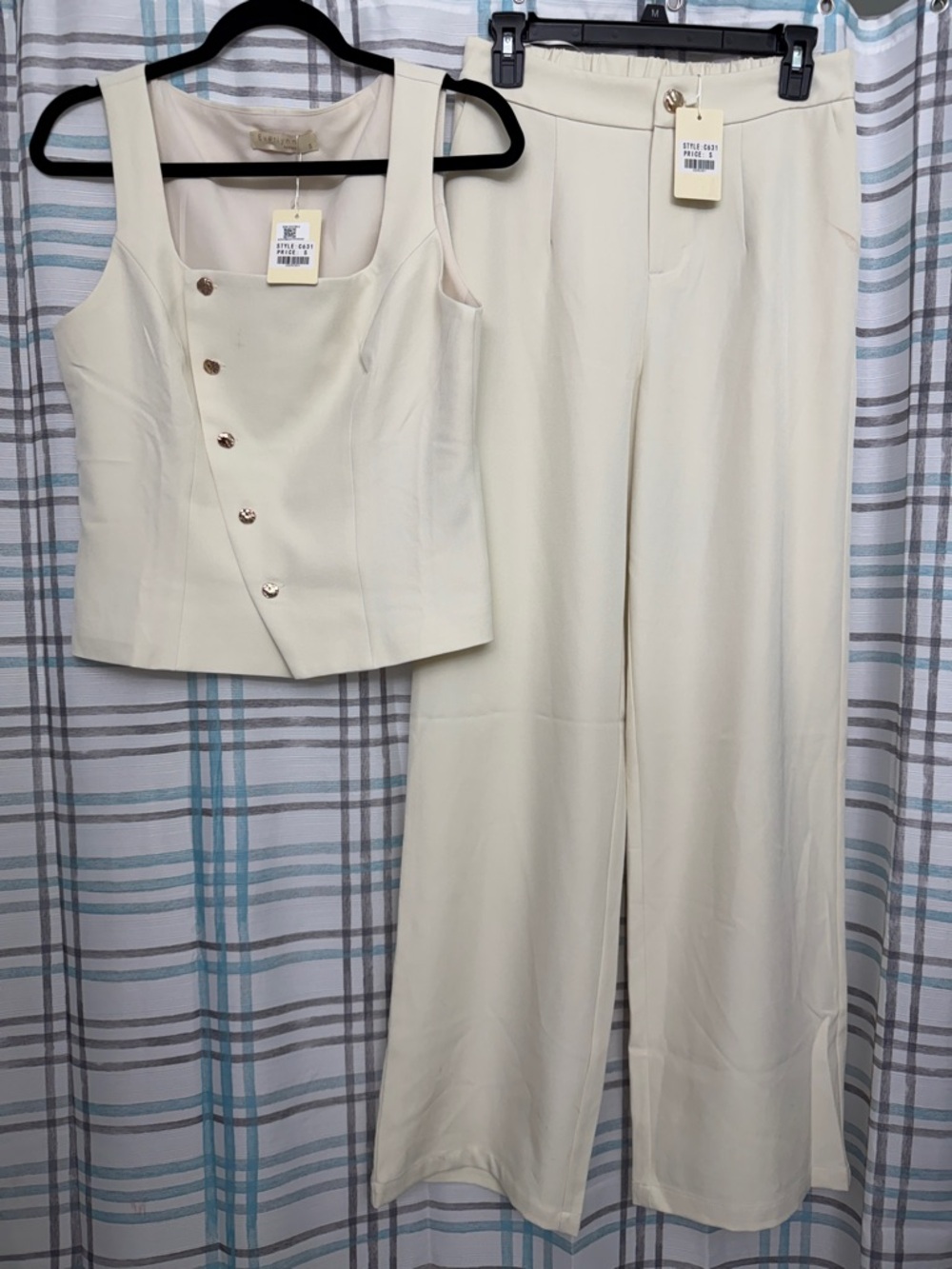 Wide-Leg Cream Pants & Button-Front Sleeveless Top Set